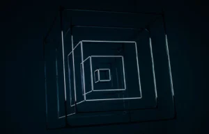 Composición geométrica de líneas luminosas en un espacio oscuro