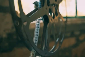 Detalle de una bobina de película y un proyector